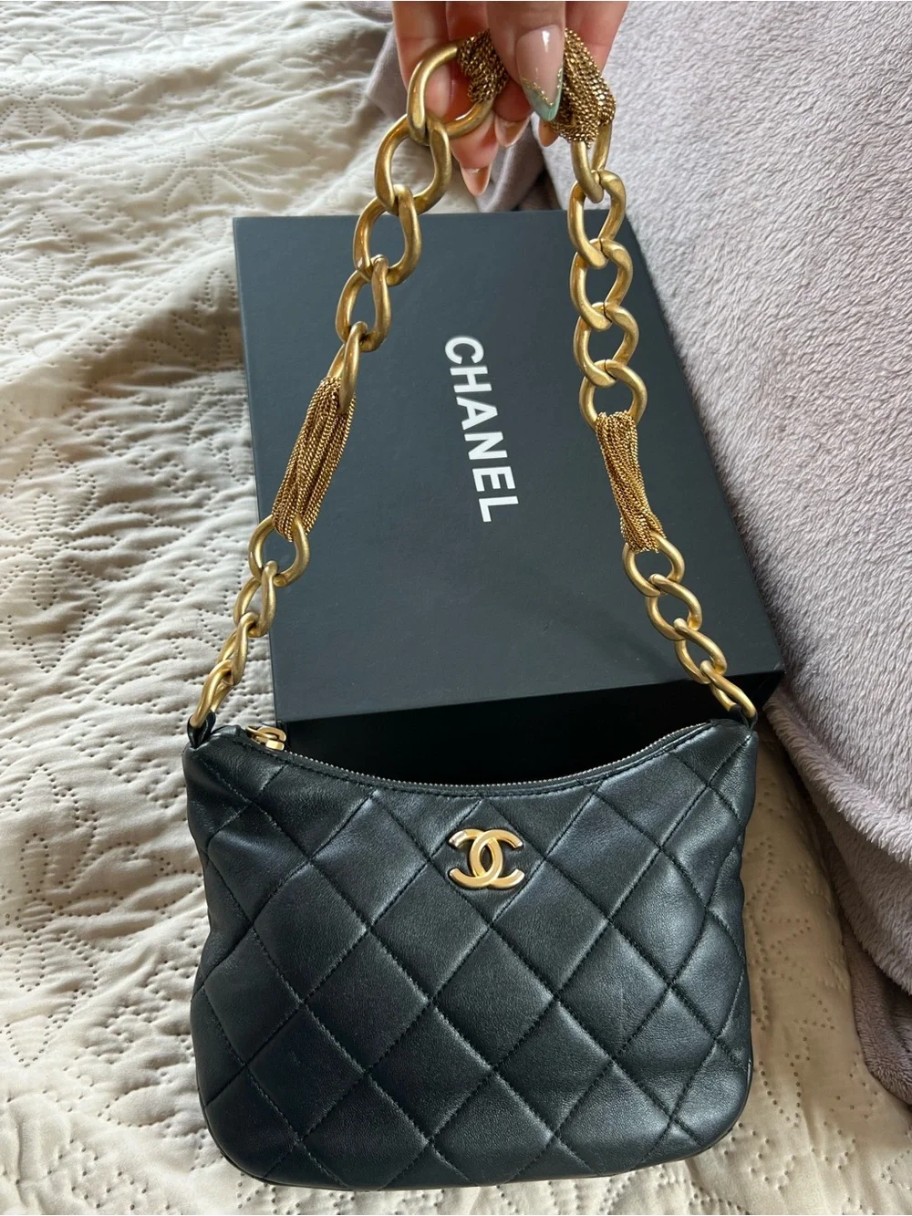 CHANEL Black Quilted Shoulder Hobo with Gold Chain and CC Emblem